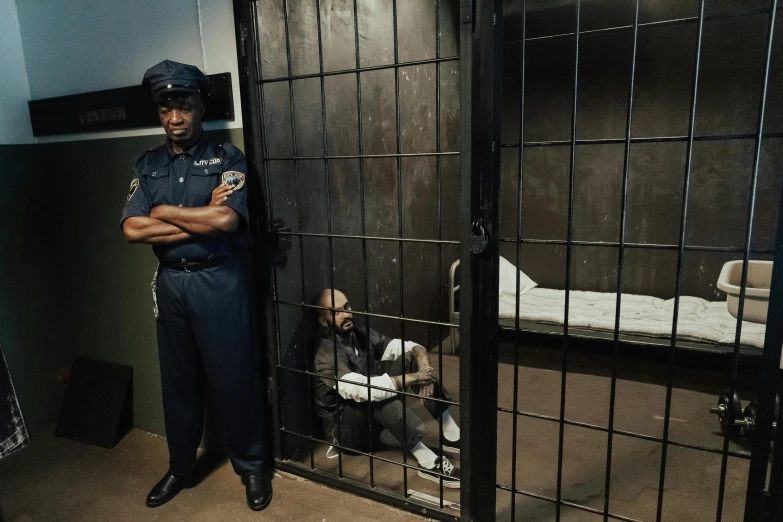 a man standing in a jail cell with his arms crossed, a portrait, inspired by Gordon Parks, pexels contest winner, photorealism, wearing a police uniform, two buddies sitting in a room, snoop dog, promotional image
