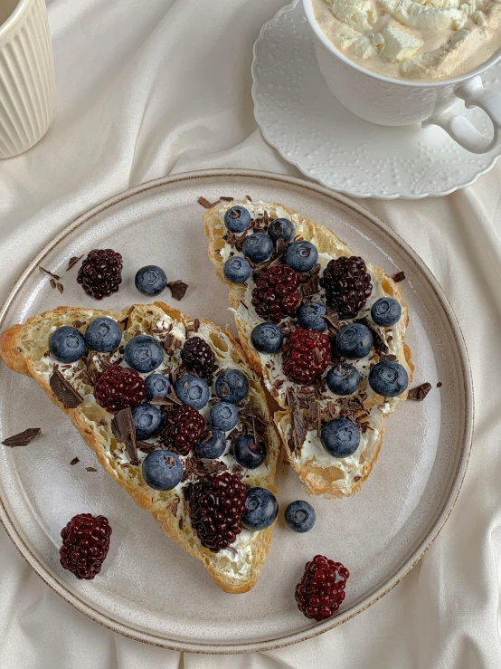 a plate topped with toast and berries next to a cup of coffee, by Matija Jama, hurufiyya, grey and blue theme, thumbnail, chocolate, - 9