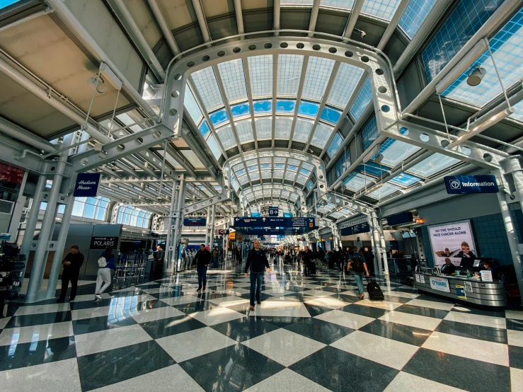 a black and white checkered floor in an airport, pexels contest winner, chicago, 🦩🪐🐞👩🏻🦳, large glass ceilings, a quaint