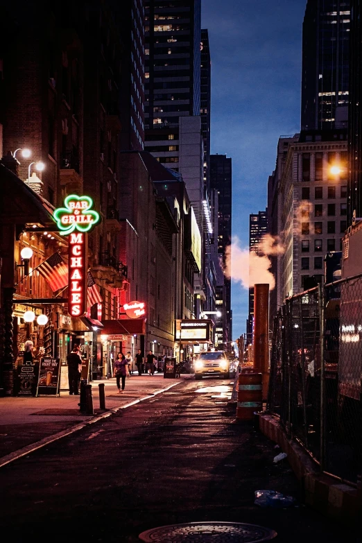 a city street filled with lots of tall buildings, dimly lit dive bar, in the middle of new york, julia hetta, gas lamps