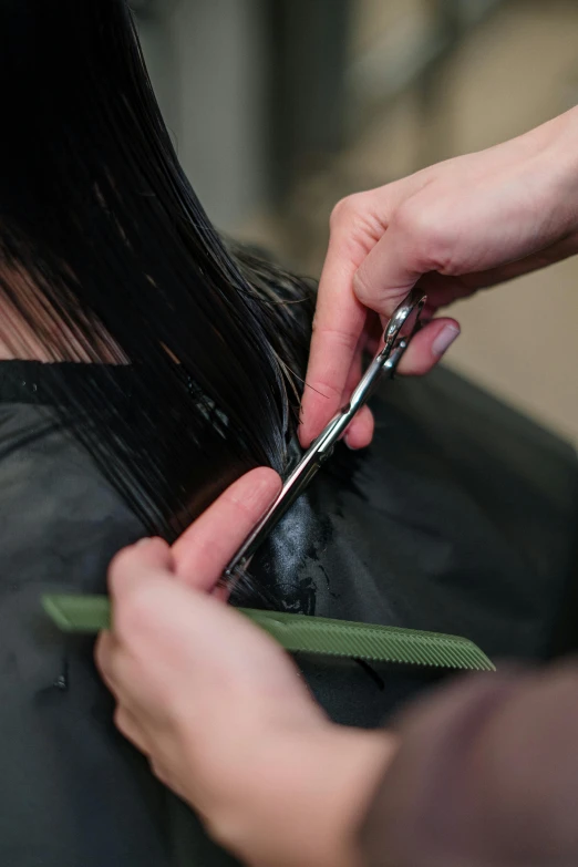 a person cutting another person's hair with scissors, medium length black hair, full colour, caparisons, kirsi salonen