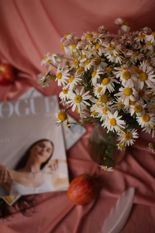 a book sitting on top of a table next to a vase of flowers, magazines, holding daisy, during autumn, cover girl