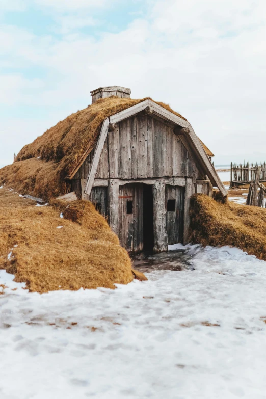 a small wooden building sitting on top of a snow covered field, by Jóhannes Sveinsson Kjarval, unsplash contest winner, renaissance, wearing hay coat, turf roof, southern slav features, gif