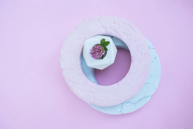 a close up of a doughnut with a flower in it, inspired by Maki Haku, trending on unsplash, process art, pastel pink concrete, hexagonal ring, white and pale blue toned, cake sculpture