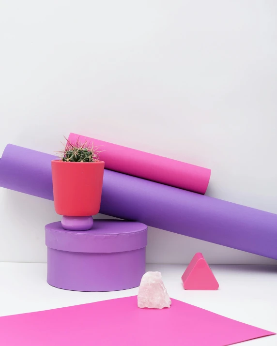 a plant that is sitting on top of a table, an abstract sculpture, trending on pinterest, purple tubes, studio product shot, hot pink, yoga