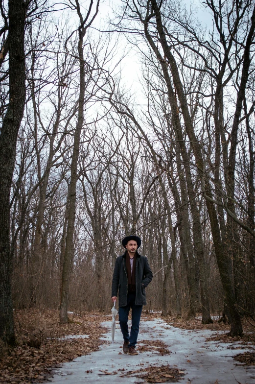 a man walking down a path in the woods, an album cover, by Andrew Stevovich, tall hat, ((trees)), old american midwest, bryan sola