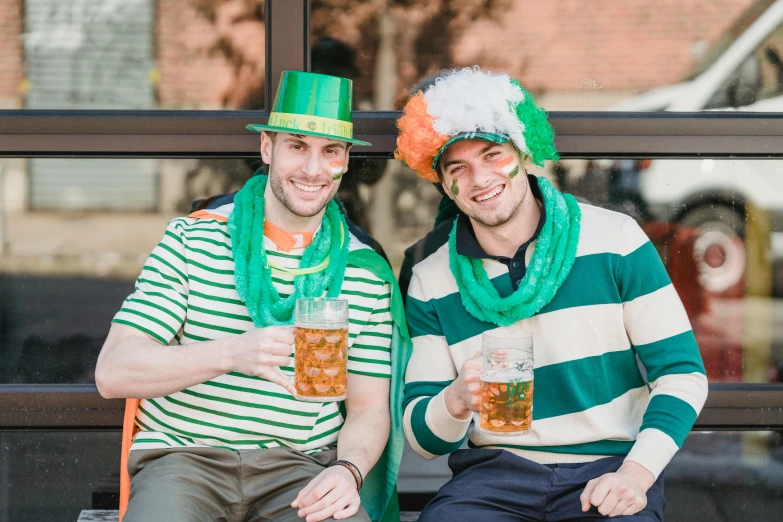 a couple of men sitting next to each other on a bench, irish, cheers, profile image, diverse costumes