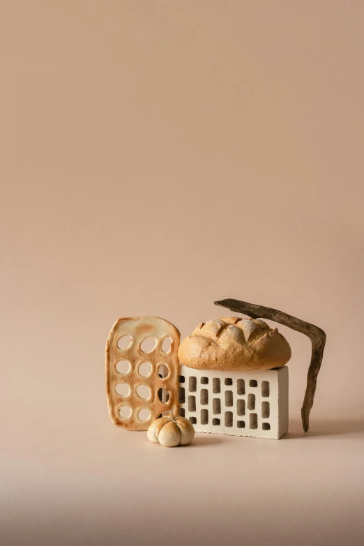 a couple of pieces of bread sitting on top of a table, an abstract sculpture, inspired by Giorgio Morandi, trending on unsplash, studio shot, with bread in the slots, made of mushrooms, lulu chen