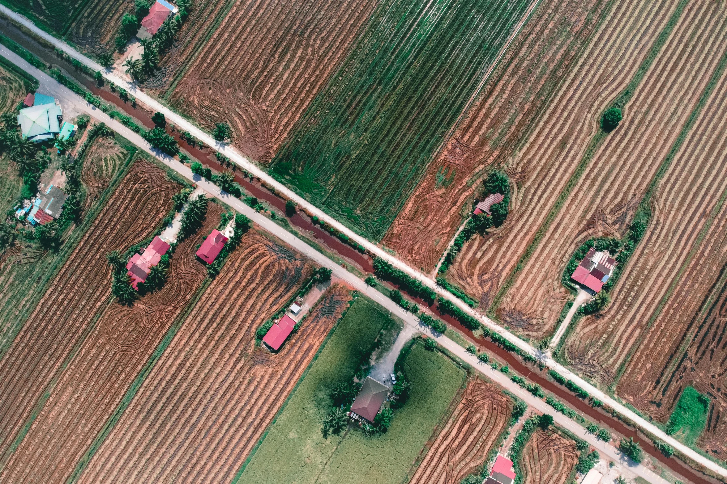 a bird's eye view of a rural area, an album cover, unsplash, land art, vietnam, high polygon, very elongated lines, airplane view