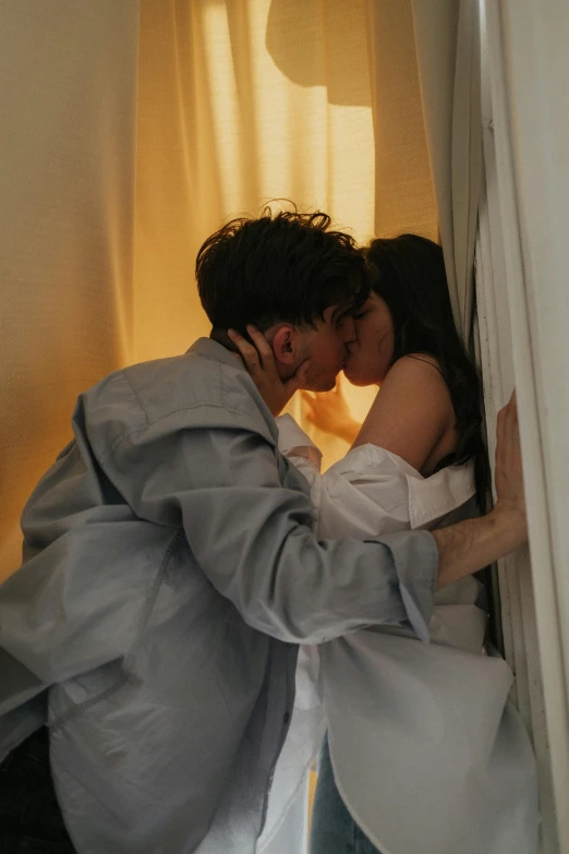 a couple of people that are kissing each other, inspired by Nan Goldin, pexels contest winner, cai xukun, hotel room, bella poarch, ulzzang