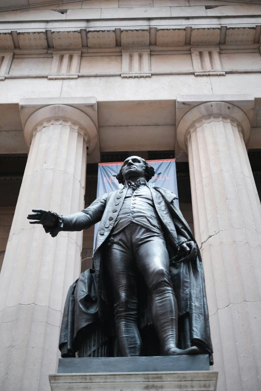 a statue of a man standing in front of a building, inspired by Benjamin Franklin, neoclassicism, alexander hamilton style, 🚿🗝📝, tall columns, wall street