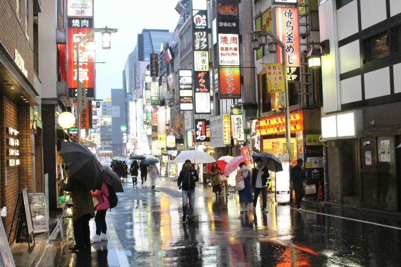 a group of people walking down a street holding umbrellas, japanese neon signs, rainy streets in the background, けもの, square