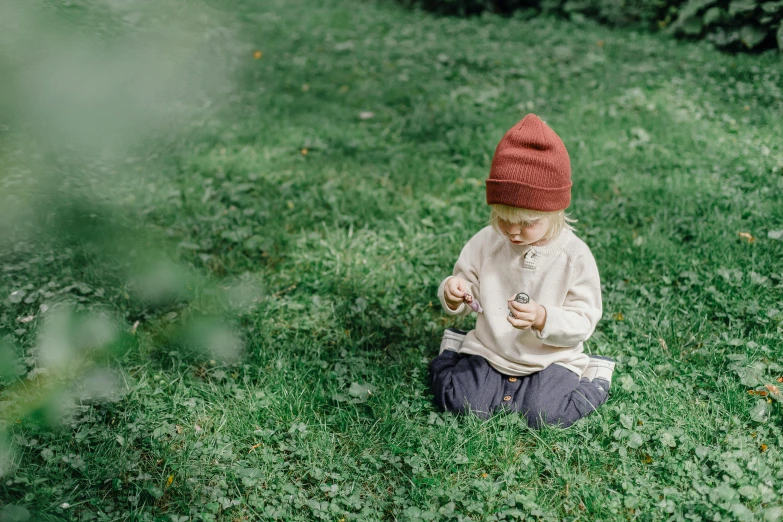 a little boy that is sitting in the grass, inspired by Elsa Beskow, pexels contest winner, maroon hat, moss growing on their clothes, jovana rikalo, playing games