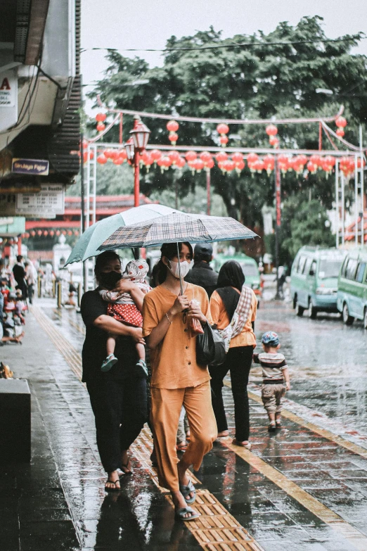 a group of people walking down a street holding umbrellas, set on singaporean aesthetic, wearing a mask, family, monsoon