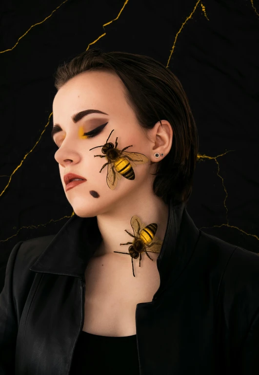 a woman with bees painted on her face, an album cover, inspired by Hedi Xandt, trending on pexels, hyperrealism, black and yellow, scratches on photo, focused on her neck, in a halloween style