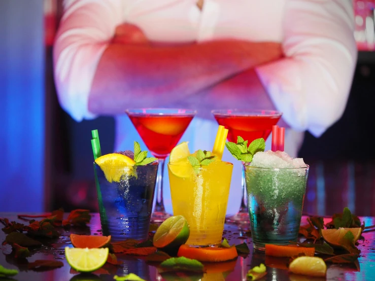 a group of drinks sitting on top of a table, profile image, bright neon colours, bartending, thumbnail