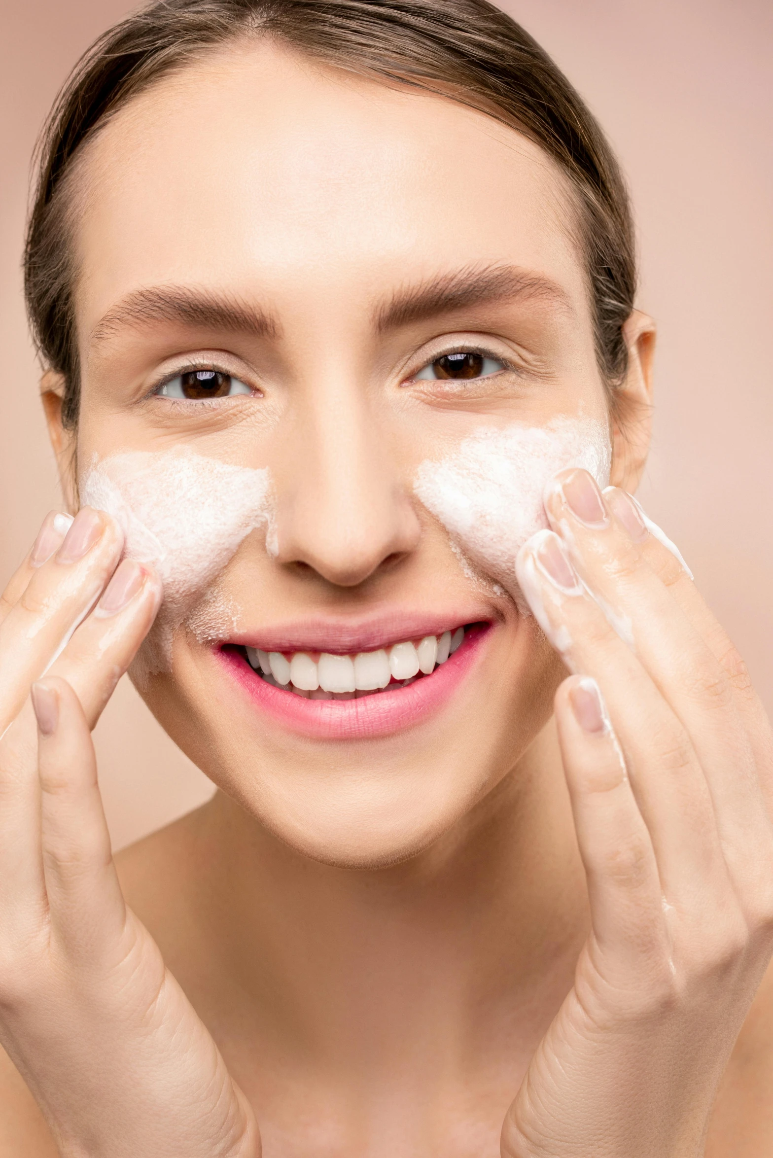 a woman is putting cream on her face, a stipple, shutterstock, renaissance, smiling face, square, pink face, modelling