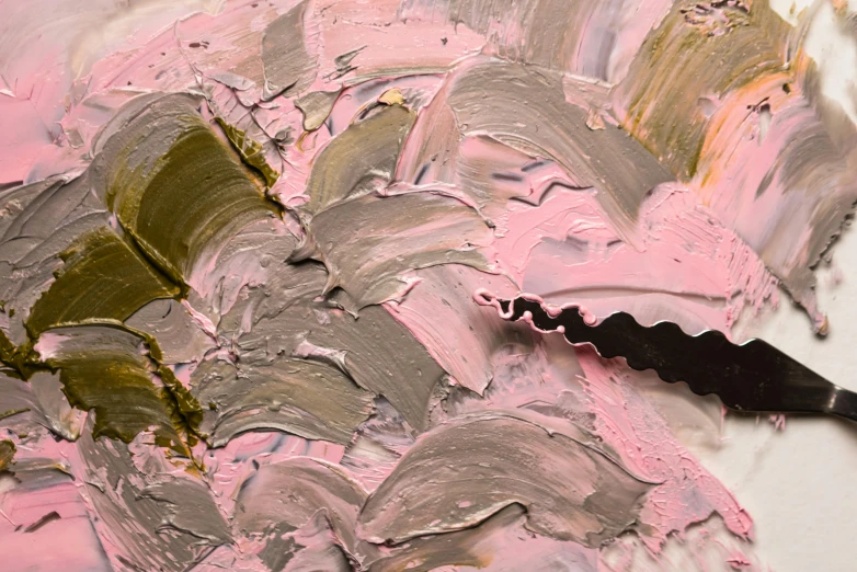 a close up of a painting with a knife in it, inspired by Shōzō Shimamoto, lyrical abstraction, pink and grey muted colors, olivia kemp, foliage, gushy gills and blush