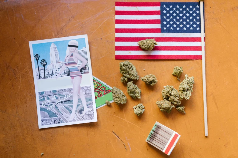 a bunch of marijuana sitting on top of a table, unsplash, american scene painting, flags, trading card, doja cat, from waist up