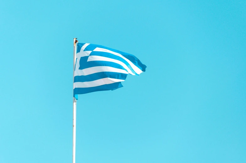 a blue and white flag flying high in the sky, pexels contest winner, unilalianism, neon greek, square, light blue background, brown