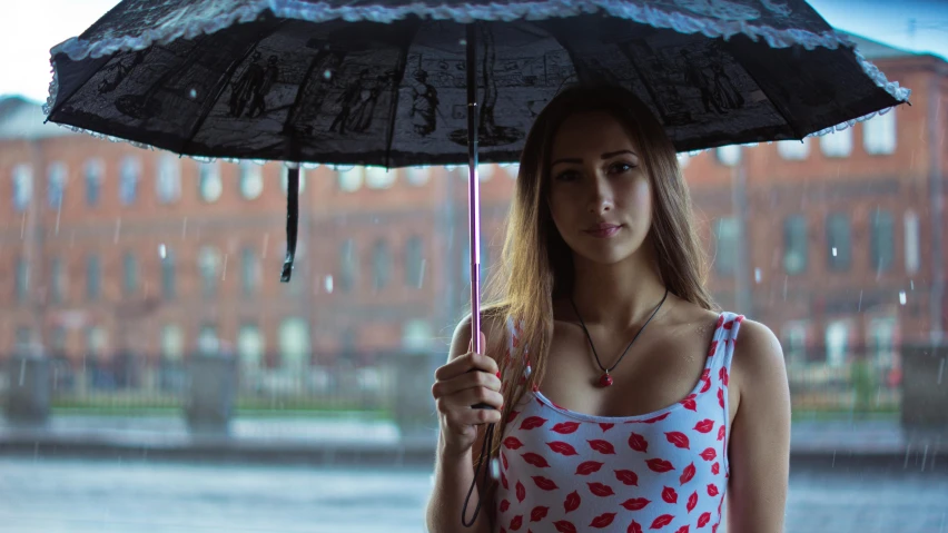 a woman holding an umbrella in the rain, inspired by Elsa Bleda, hyperrealism, portrait photography 4 k, today\'s featured photograph 4k, handsome girl, lipstick