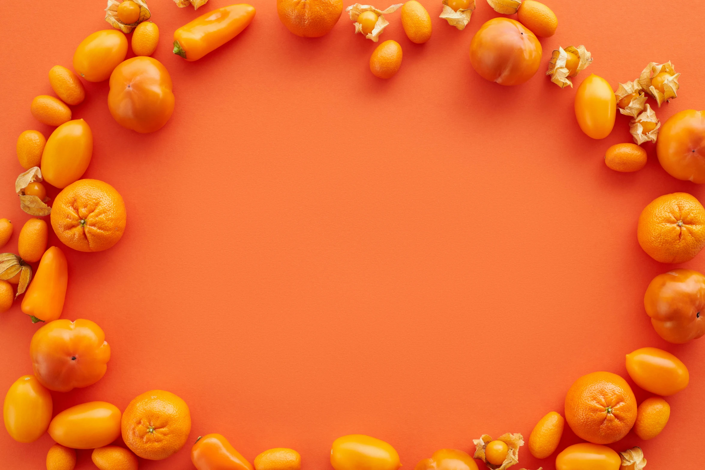 orange fruit arranged in a circle on an orange background, by Andries Stock, shutterstock contest winner, tomatoes, cinematic frame, pumpkins, background image