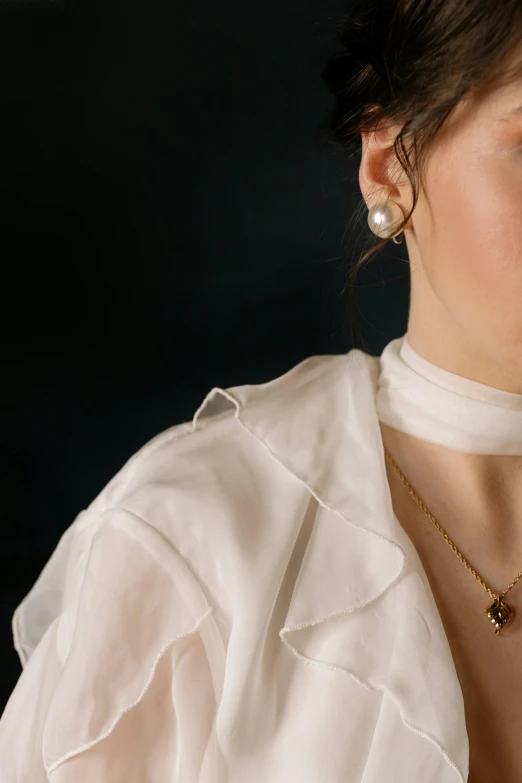 a close up of a woman wearing a white shirt, inspired by Thomas Lawrence, renaissance, pearl choker, earrings, wearing a long flowy fabric, night time