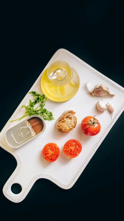 a cutting board that has some food on it, a still life, pexels, dau-al-set, thumbnail, white, low quality photo, oils