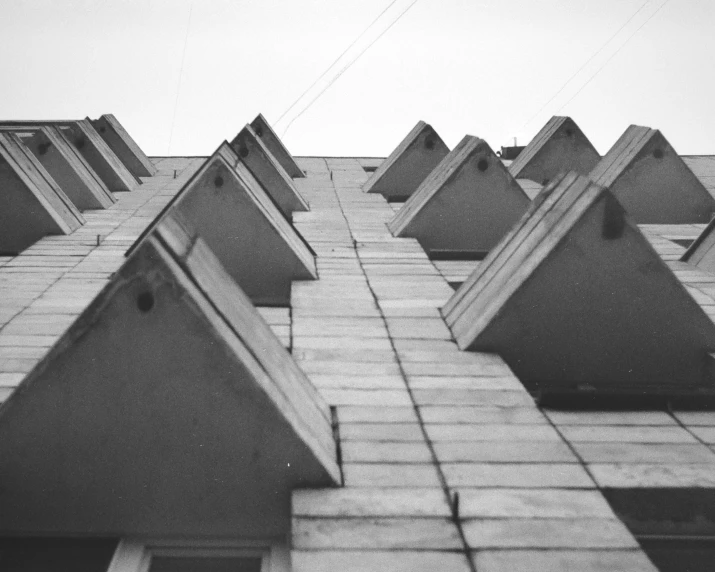 a black and white photo of a tall building, inspired by Alexander Rodchenko, unsplash, brutalism, simple gable roofs, tiled roofs, soviet apartment buildings, 1980s photo