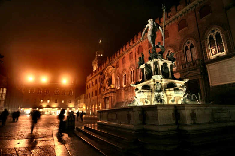 a fountain in the middle of a city at night, a statue, by Francesco Bonsignori, renaissance, fan favorite, terracotta, gothic atmosphere, slide show