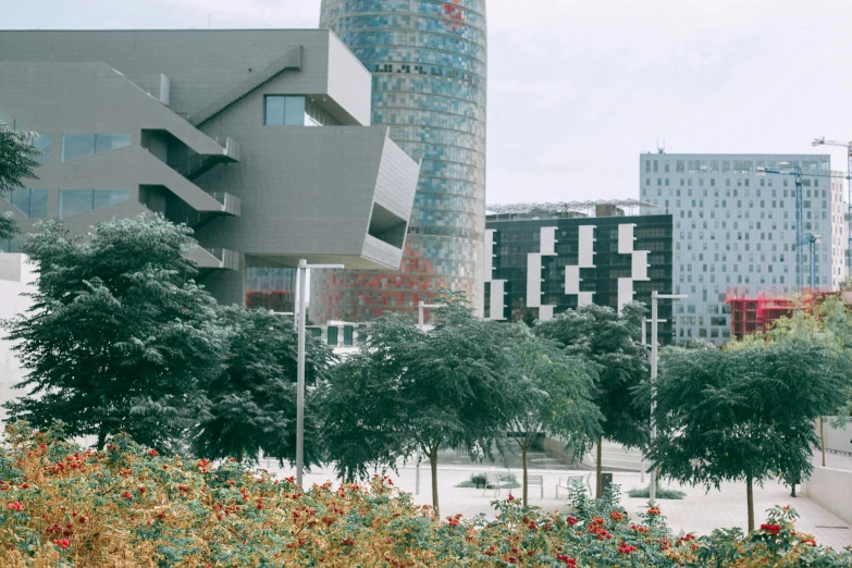 a red fire hydrant sitting in the middle of a lush green park, inspired by Victor Enrich, unsplash, brutalism, three towers, barcelona, buildings covered in black tar, 2 0 0 0's photo