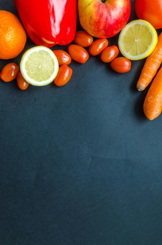 a group of fruits and vegetables on a table, unsplash, dark grey and orange colours, no - text no - logo, thumbnail, orange and blue