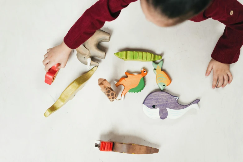 a child playing with wooden toys on a table, by Helen Stevenson, trending on pexels, process art, sea creatures, on grey background, reptiles, holds a small knife in hand