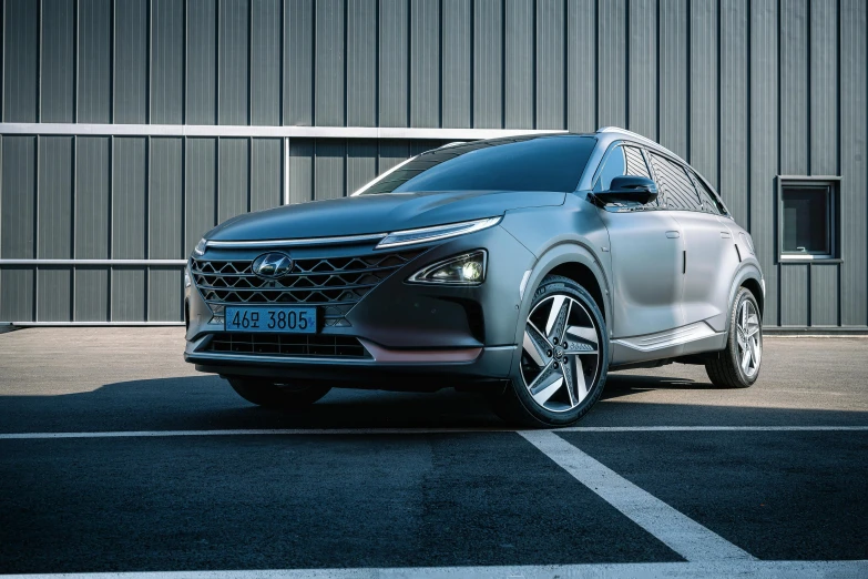 a silver suv parked in front of a building, a picture, hydrogen. beautiful, square, cinematic shot ar 9:16 -n 6 -g, facing front