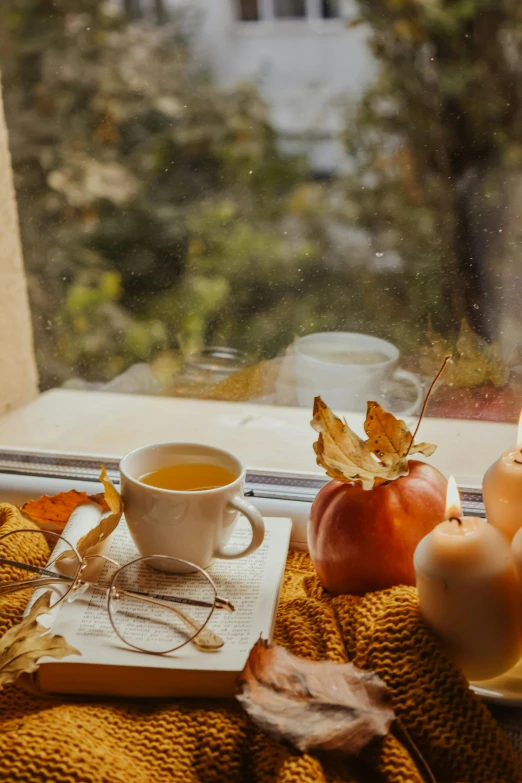 a plate of apples and a cup of tea on a window sill, by Jessie Algie, pexels contest winner, pumpkins, square, steaming coffee, 15081959 21121991 01012000 4k