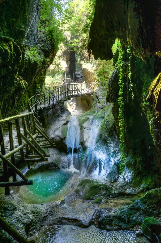 a small waterfall flowing through a lush green forest, an album cover, pexels contest winner, renaissance, greek fantasy panorama, las pozas, bridge, cyprus