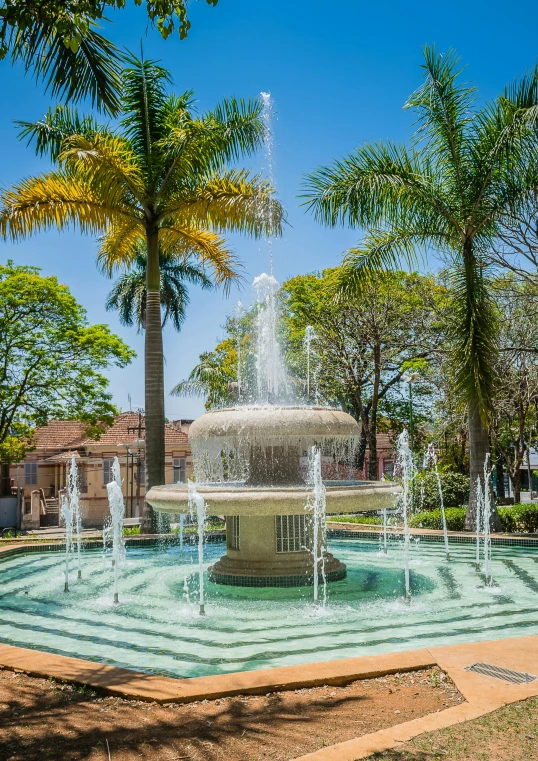 a fountain surrounded by palm trees in a park, by Luis Miranda, city of armenia quindio, splash image, madagascar, 8k hd resolution”
