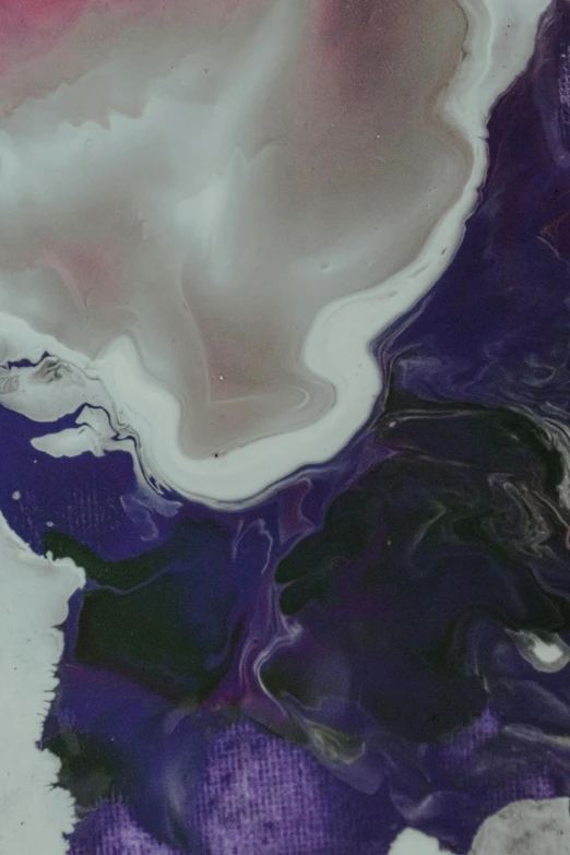 a close up of a plate of food on a table, an acrylic painting, inspired by Zao Wou-Ki, reddit, abstract art, ((purple)), made of liquid, flowing milk, black white purple