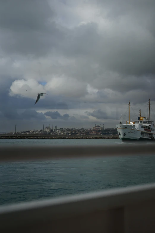 a large white boat floating on top of a body of water, a matte painting, by Ismail Acar, unsplash, seagulls, overcast!!!, port city, turkey