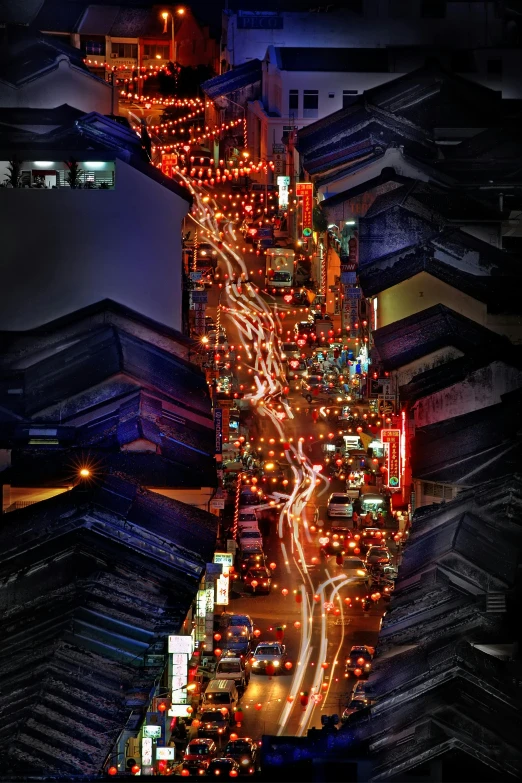 a street filled with lots of traffic next to tall buildings, inspired by Kanō Naizen, conceptual art, christmas lights, kyoto, photograph from above, intricate environment - n 9