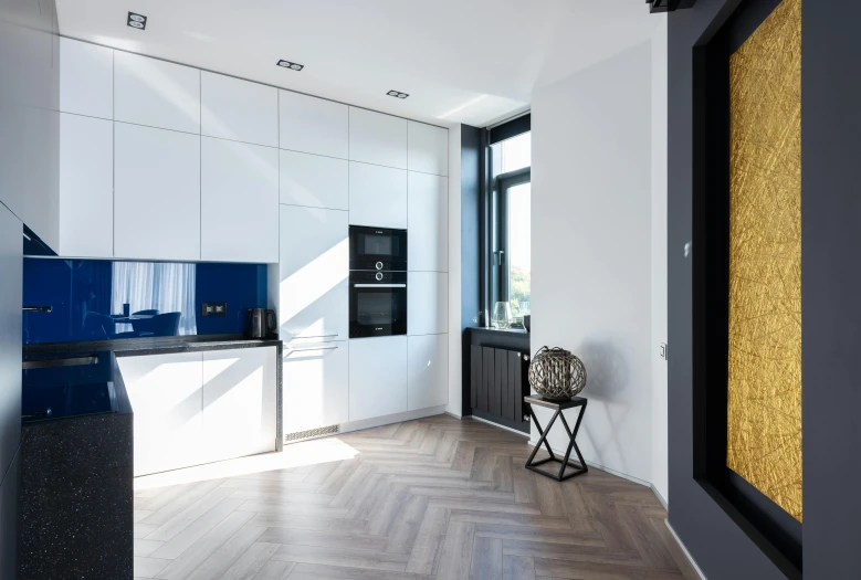 a kitchen with white cabinets and a blue splash splash splash splash splash splash splash splash splash splash splash splash splash splash splash splash splash splash splash splash, inspired by Bauhaus, unsplash contest winner, light and space, black and white zig zag floor, looking partly to the left, oak parquet, v-ray collection