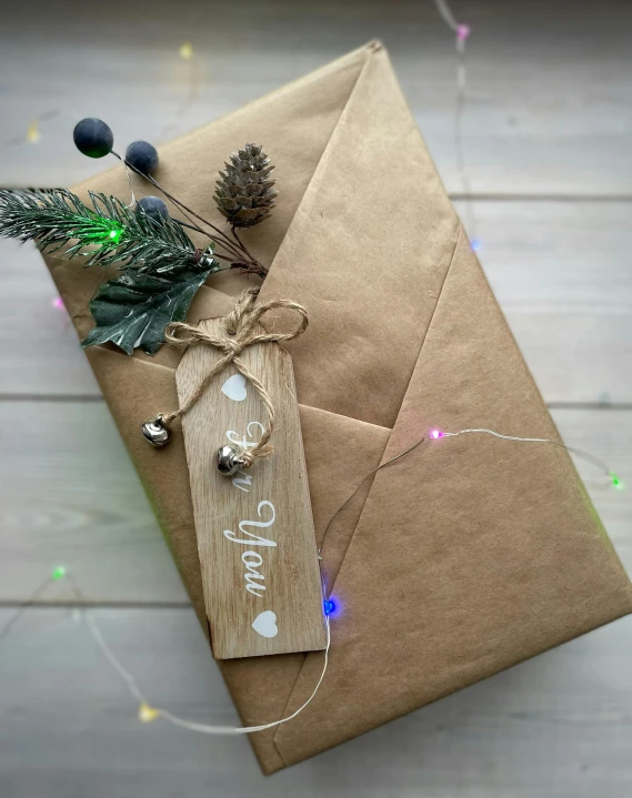 a brown envelope sitting on top of a wooden table, tactile buttons and lights, holding gift, full product shot, pine