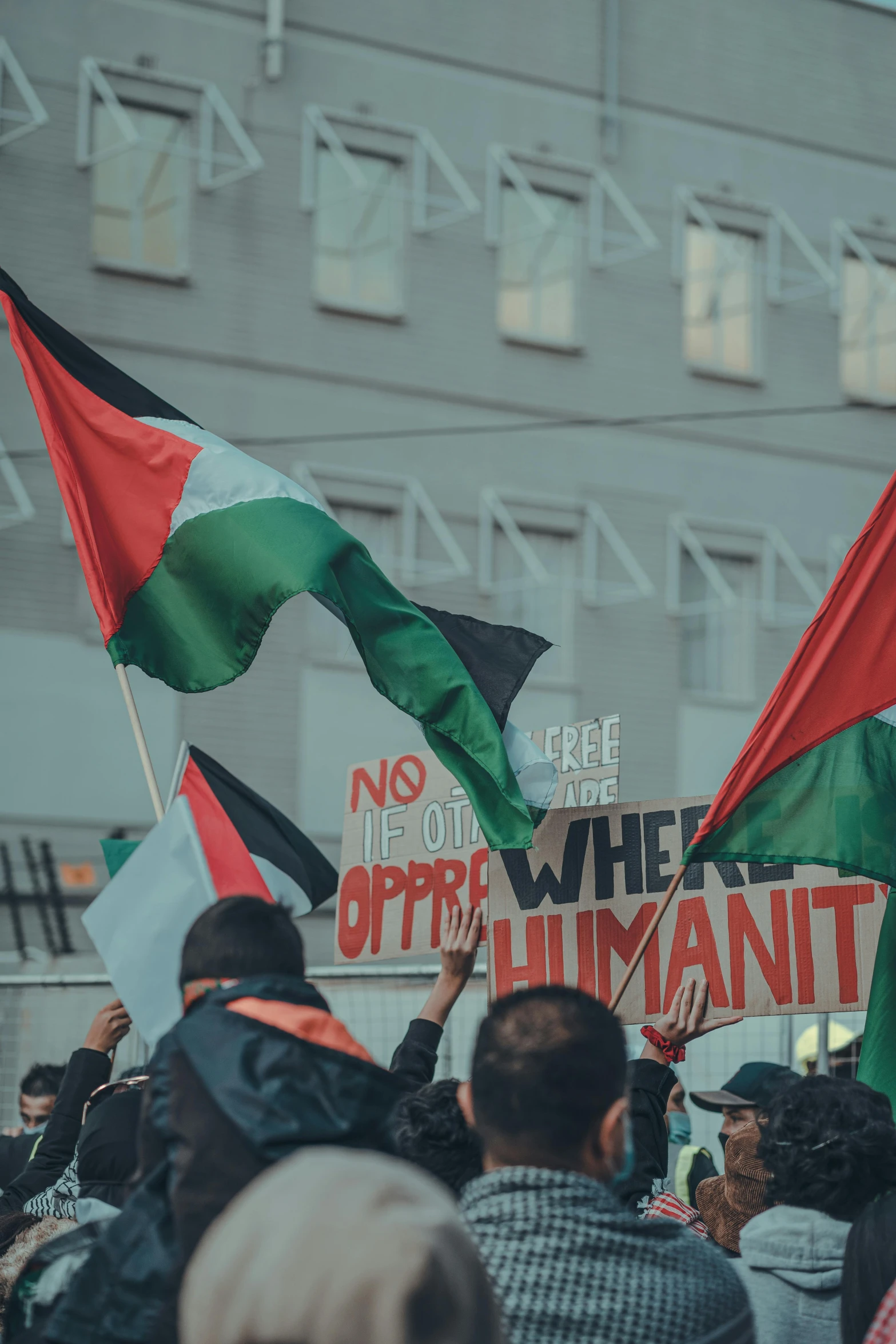 a group of people holding flags in front of a building, a colorized photo, trending on unsplash, hurufiyya, hebrew, red and black flags waving, 🚿🗝📝, protest movement