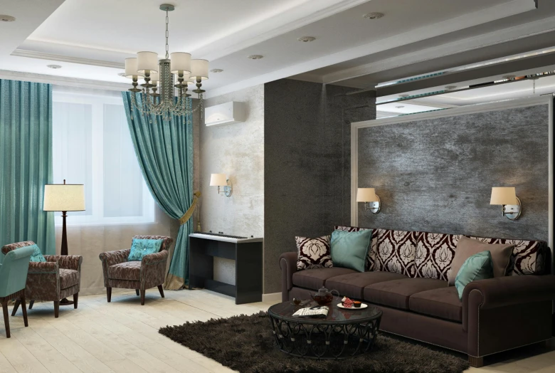 a living room filled with furniture and a chandelier, a 3D render, brown and cyan color scheme, charcoal and silver color scheme, draped drapes, vray 4k