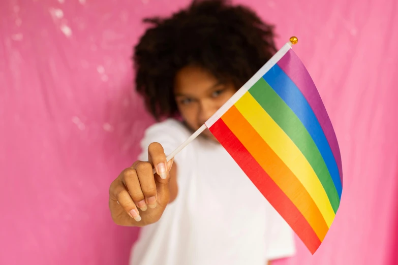 a little girl holding a rainbow flag against a pink background, trending on pexels, teenage boy, diverse, instagram post, holding a white flag