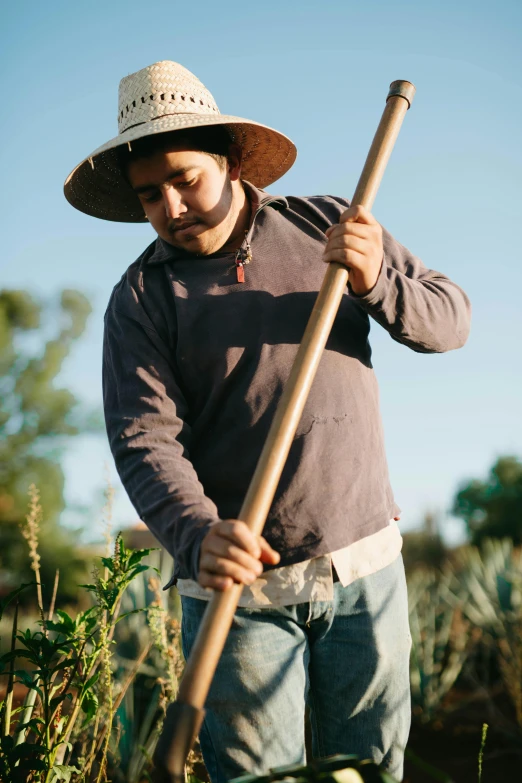 a man standing in a field with a stick, mexican mustache, gardening, wearing farm clothes, sustainability