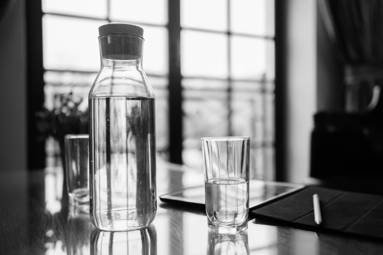 a bottle of water and a glass on a table, a black and white photo, by Daniel Gelon, pexels, glass labware, bright daylight indoor photo, ready for a meeting, thumbnail