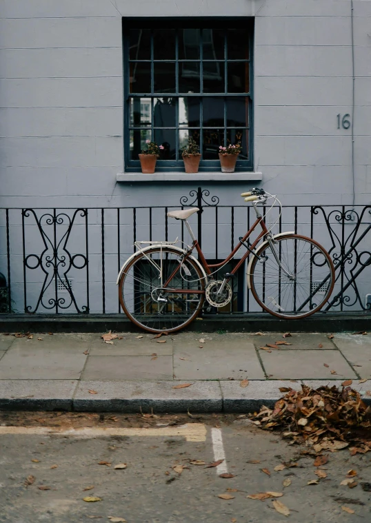 a bicycle is parked in front of a building, by Penelope Beaton, pexels contest winner, late autumn, metalwork, muted brown, standing outside a house