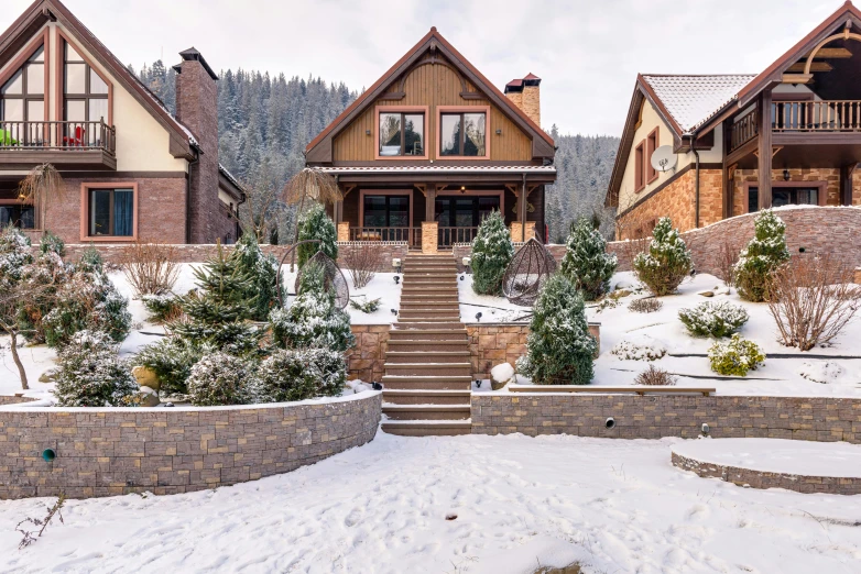 a couple of houses that are in the snow, inspired by Edward Willis Redfield, pexels contest winner, avatar image, craftsman home, фото девушка курит, brown cobble stones