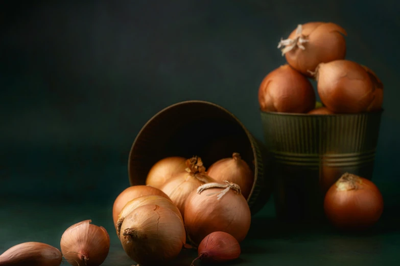a bunch of onions sitting on top of a table, a still life, inspired by Caravaggio, unsplash, studio medium format photograph, brown, soft light - n 9, soup